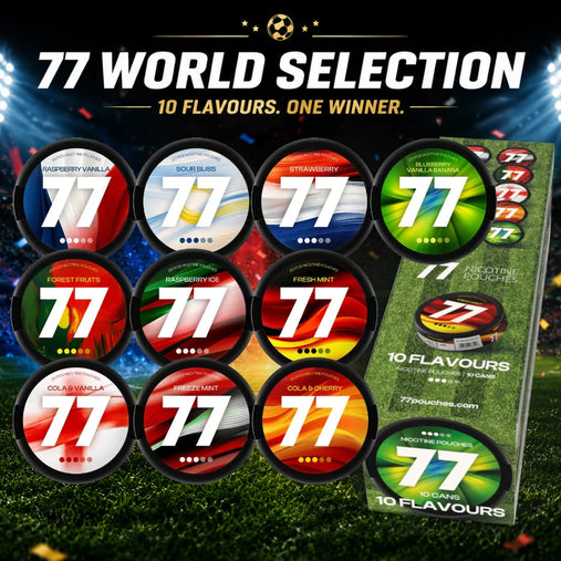 77 WORLD CUP Multi-Pack nicotine pouches variety box with 10 football-inspired flavors, 10.4mg per pouch