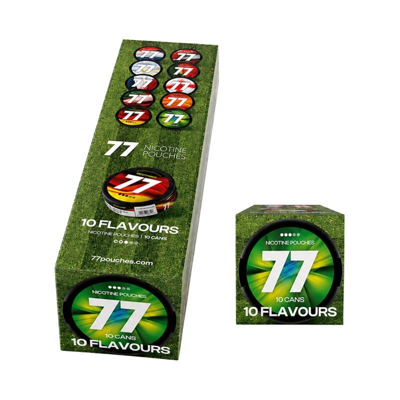 77 WORLD CUP Multi-Pack nicotine pouches variety box with 10 football-inspired flavors, 10.4mg per pouch