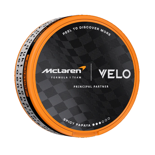 VELO McLaren Spicy Papaya Limited Edition slim nicotine pouches with tropical papaya and spicy notes, 8mg per pouch