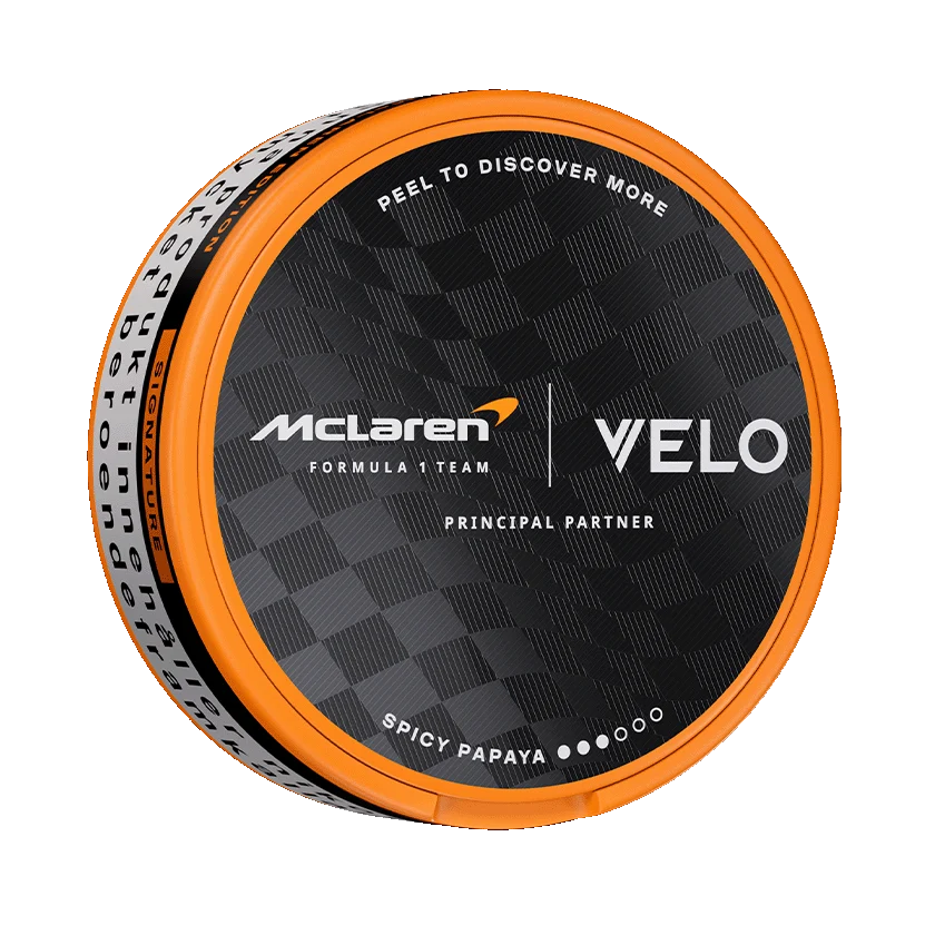 VELO McLaren Spicy Papaya Limited Edition slim nicotine pouches with tropical papaya and spicy notes, 8mg per pouch