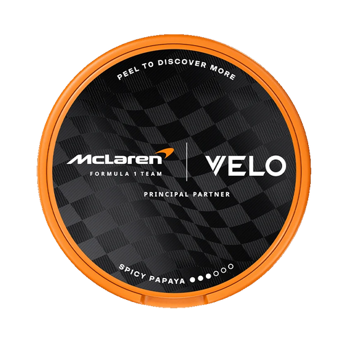 VELO McLaren Spicy Papaya Limited Edition slim nicotine pouches with tropical papaya and spicy notes, 8mg per pouch