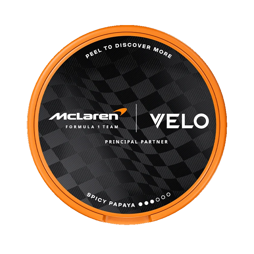 VELO McLaren Spicy Papaya Limited Edition slim nicotine pouches with tropical papaya and spicy notes, 8mg per pouch